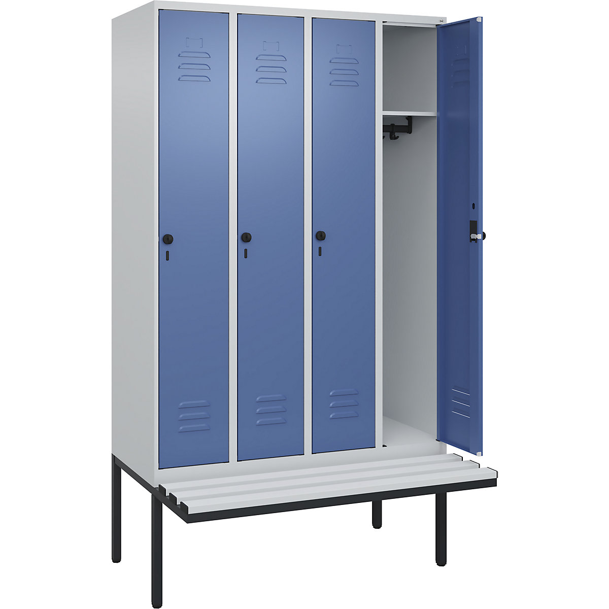 Armadietto Classic PLUS con panca – C+P, 4 scomparti, grigio chiaro / indaco, largh. 1200 mm, serratura girevole di sicurezza, panca sporgente, plastica-0
