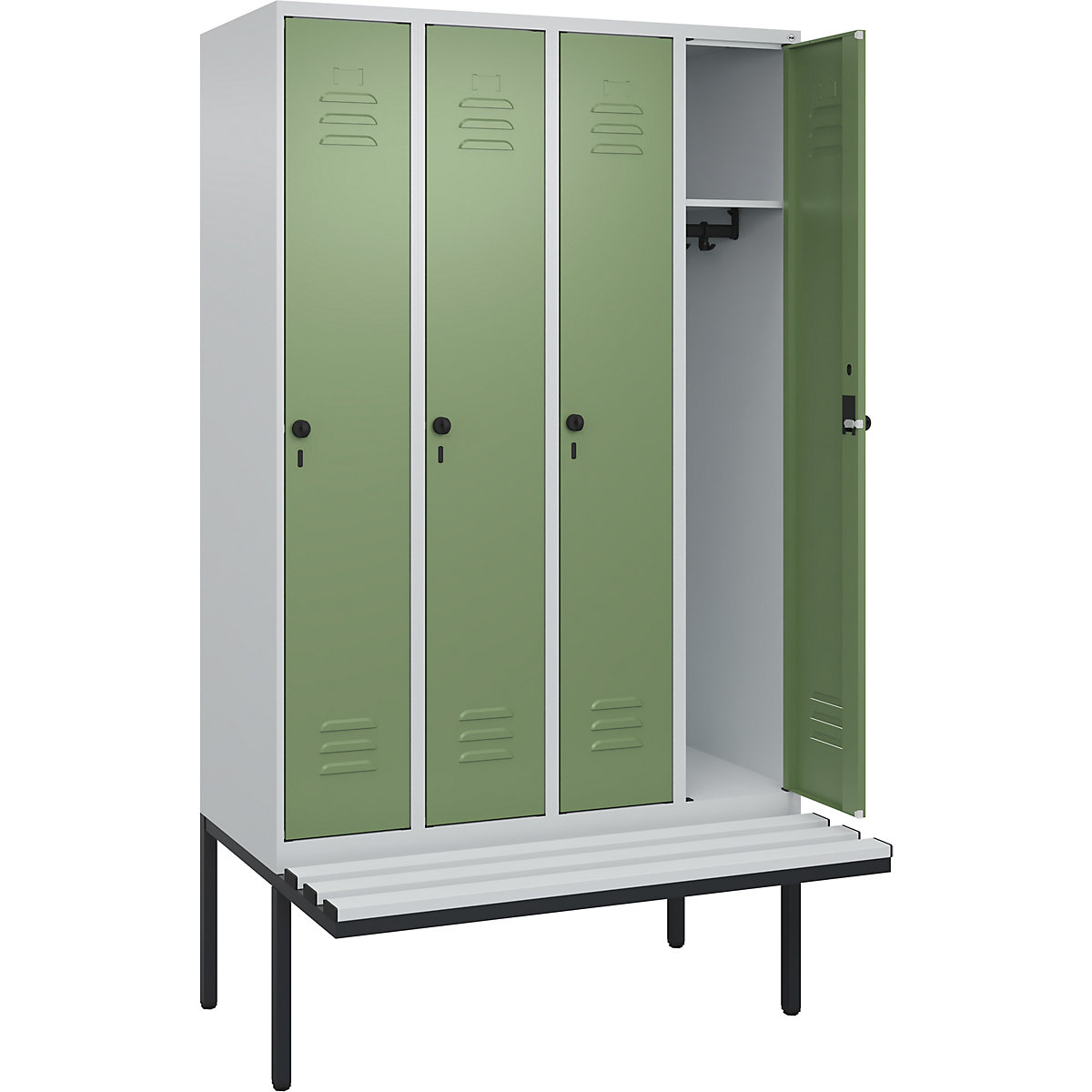Armadietto Classic PLUS con panca – C+P, 4 scomparti, grigio chiaro / verde reseda, largh. 1200 mm, serratura girevole di sicurezza, panca sporgente, plastica-0