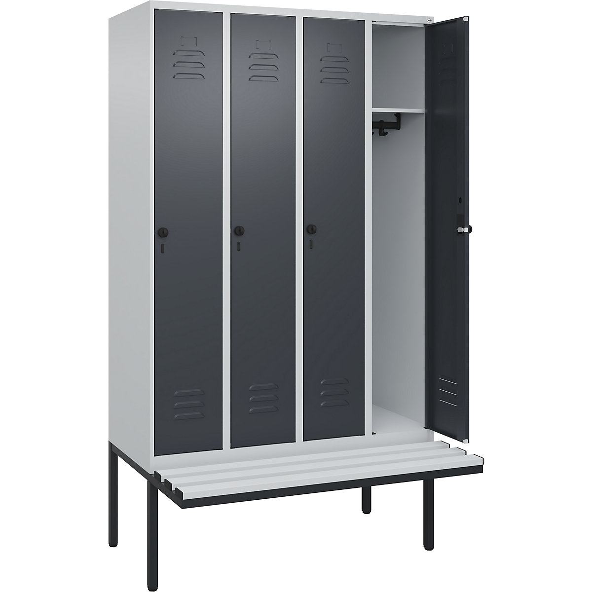 Armadietto Classic PLUS con panca – C+P, 4 scomparti, grigio chiaro / grigio, largh. 1200 mm, serratura girevole di sicurezza, panca sporgente, plastica-0