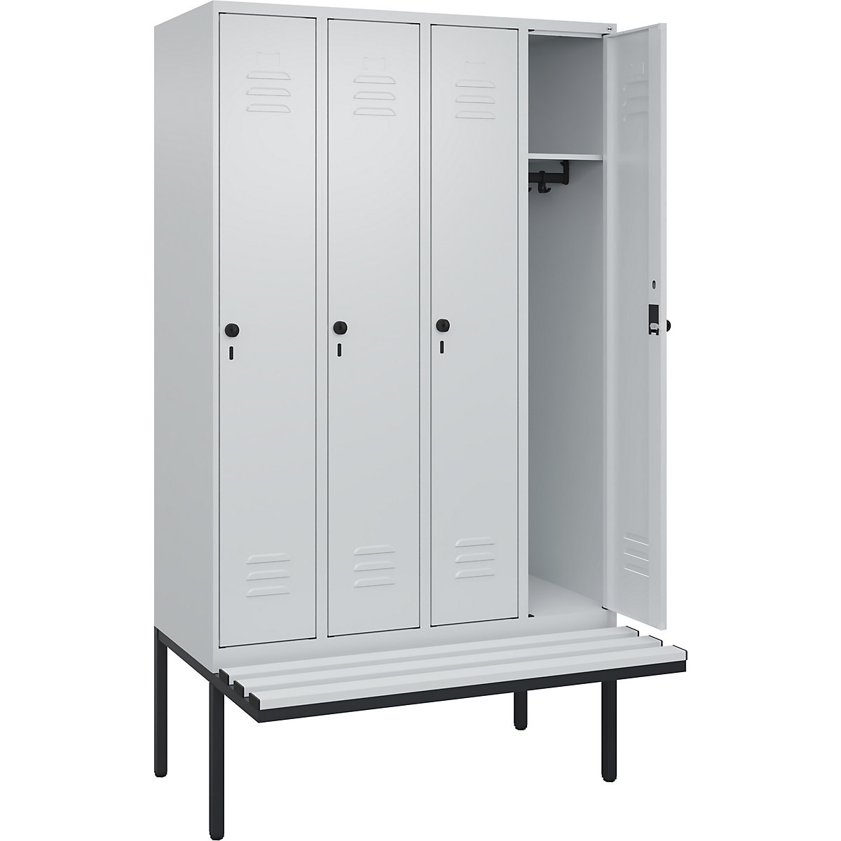 Armadietto Classic PLUS con panca – C+P, 4 scomparti, grigio chiaro, largh. 1200 mm, serratura girevole di sicurezza, panca sporgente, plastica-0