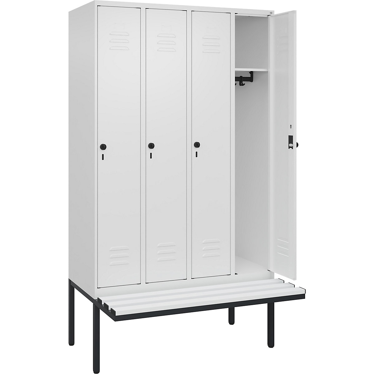 Armadietto Classic PLUS con panca – C+P, 4 scomparti, bianco traffico, largh. 1200 mm, serratura girevole di sicurezza, panca sporgente, plastica-0