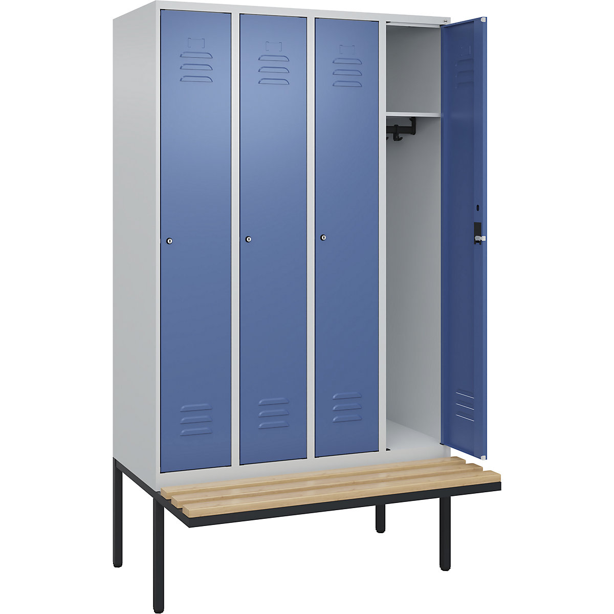 Armadietto Classic PLUS con panca – C+P, 4 scomparti, grigio chiaro / indaco, largh. 1200 mm, serratura a cilindro, panca sporgente, legno duro di faggio-0