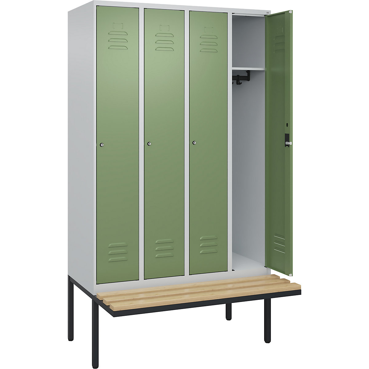 Armadietto Classic PLUS con panca – C+P, 4 scomparti, grigio chiaro / verde reseda, largh. 1200 mm, serratura a cilindro, panca sporgente, legno duro di faggio-0