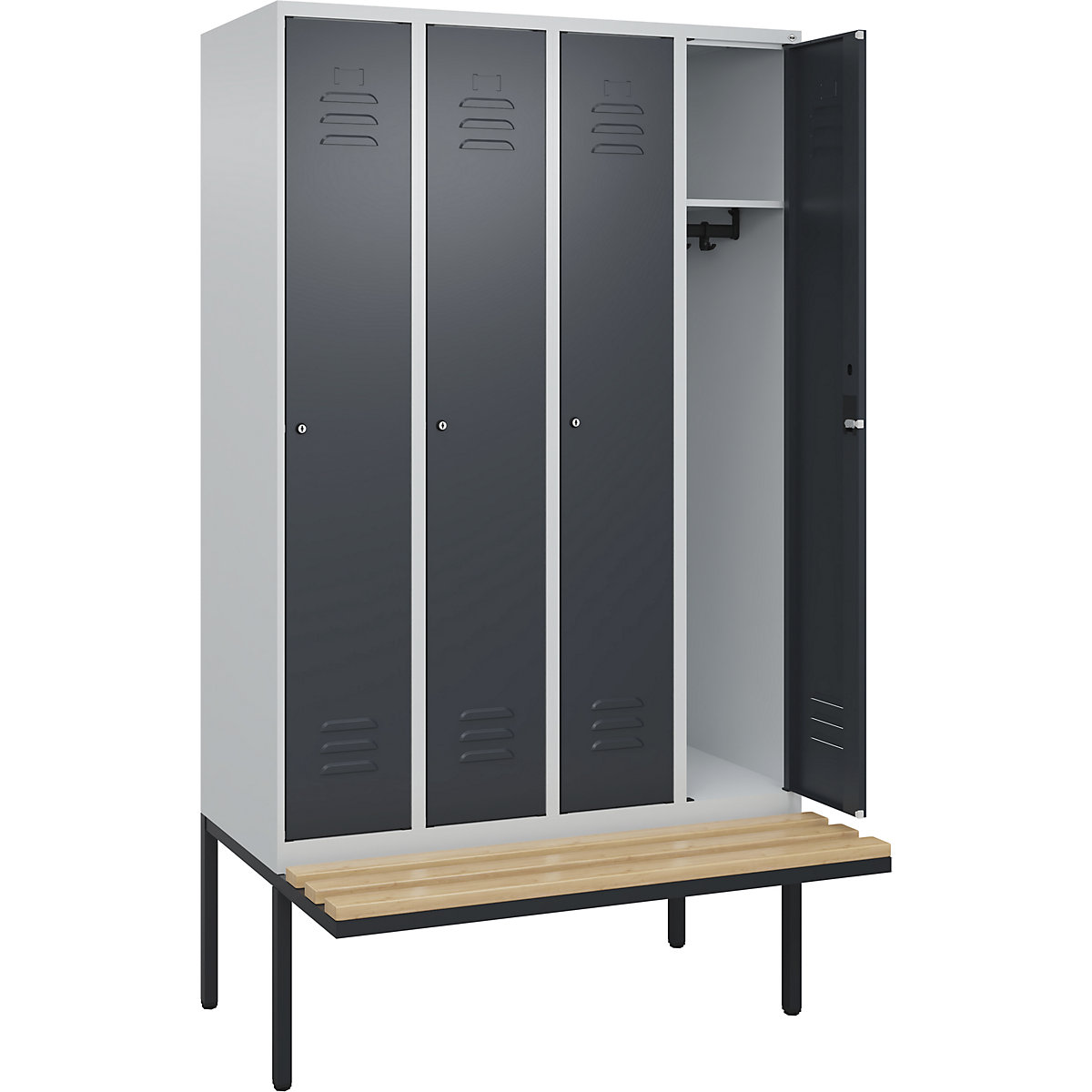 Armadietto Classic PLUS con panca – C+P, 4 scomparti, grigio chiaro / grigio, largh. 1200 mm, serratura a cilindro, panca sporgente, legno duro di faggio-0