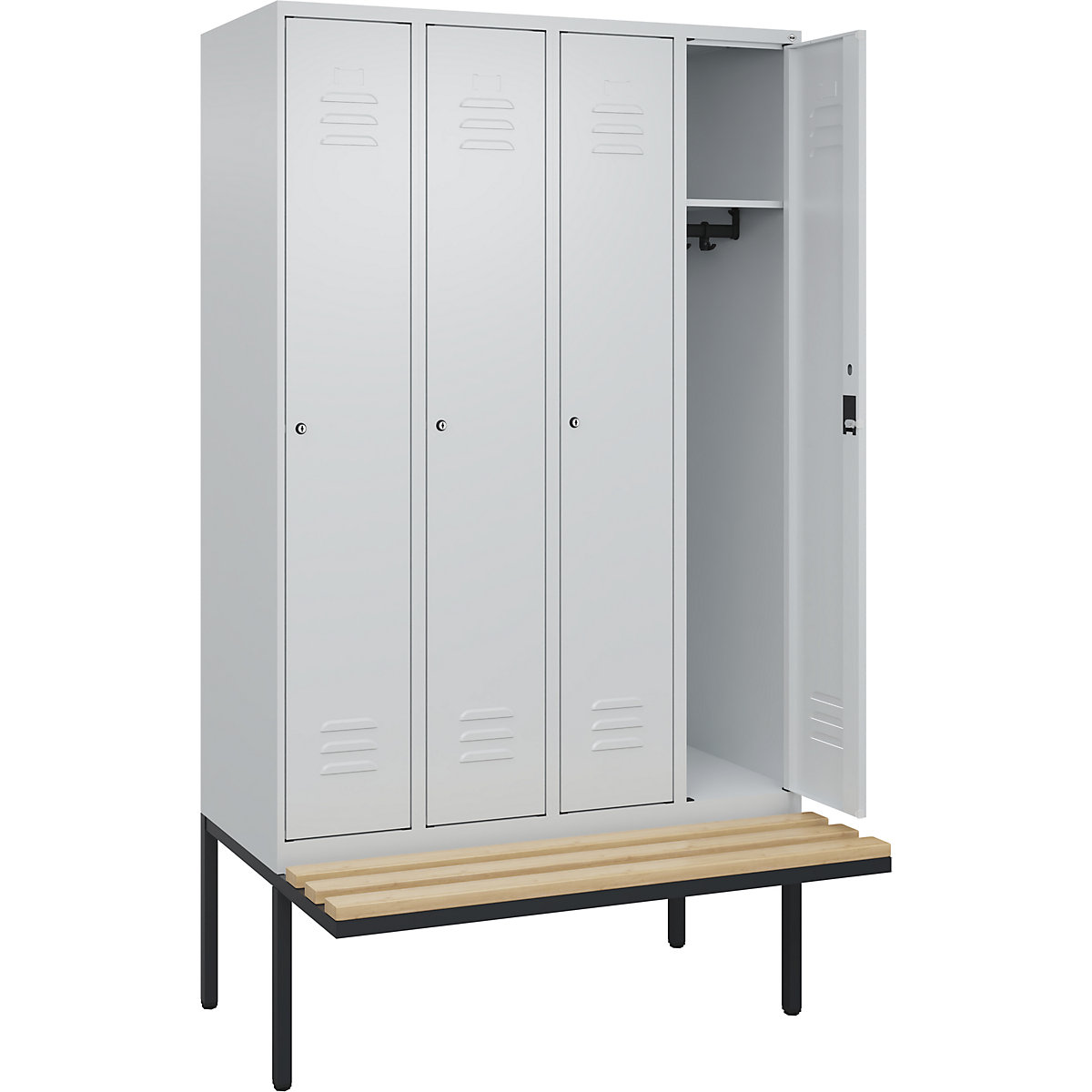 Armadietto Classic PLUS con panca – C+P, 4 scomparti, grigio chiaro, largh. 1200 mm, serratura a cilindro, panca sporgente, legno duro di faggio-0