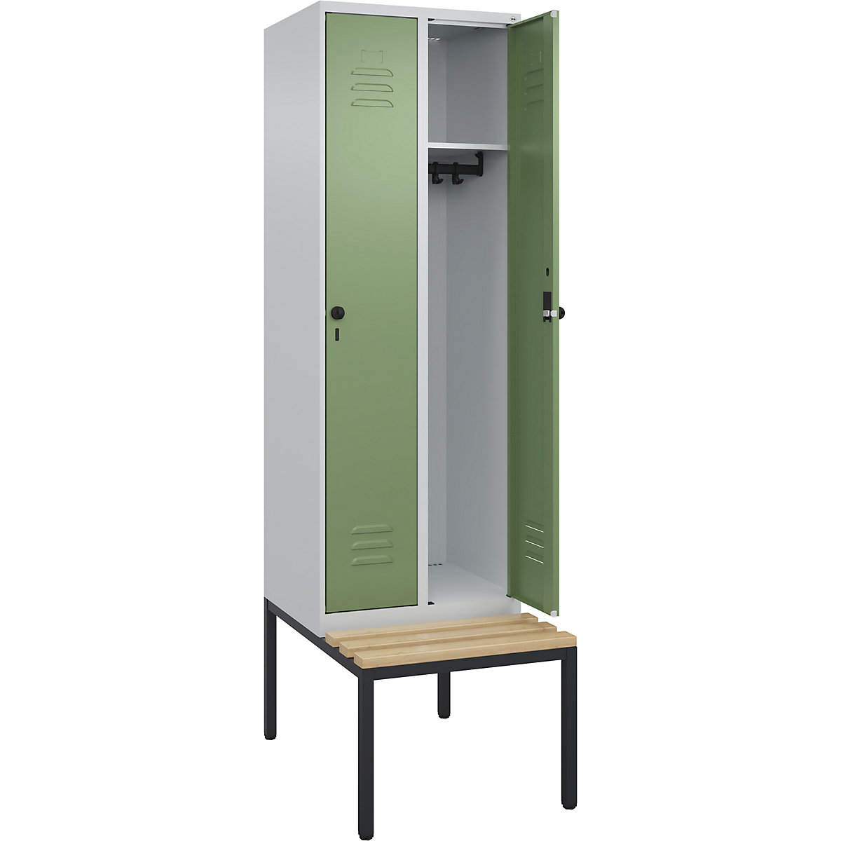 Armadietto Classic PLUS con panca – C+P, 2 scomparti, grigio chiaro / verde reseda, largh. 600 mm, serratura girevole di sicurezza, panca integrata, legno duro di faggio-0