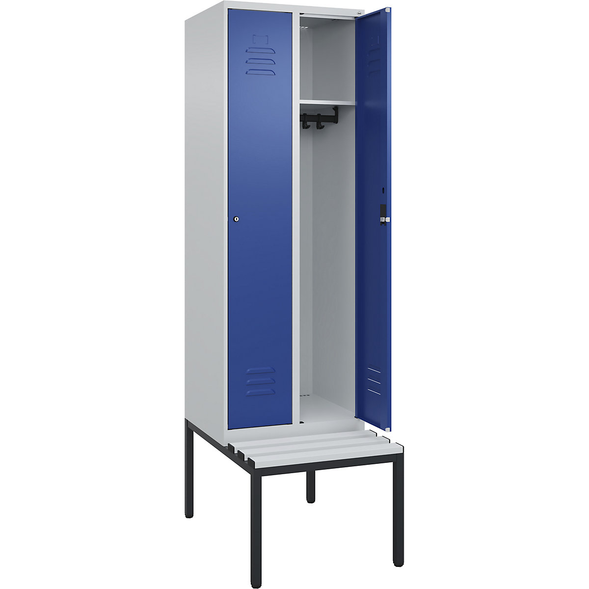 Armadietto Classic PLUS con panca – C+P, 2 scomparti, grigio chiaro / blu genziana, largh. 600 mm, serratura a cilindro, panca integrata, plastica-0