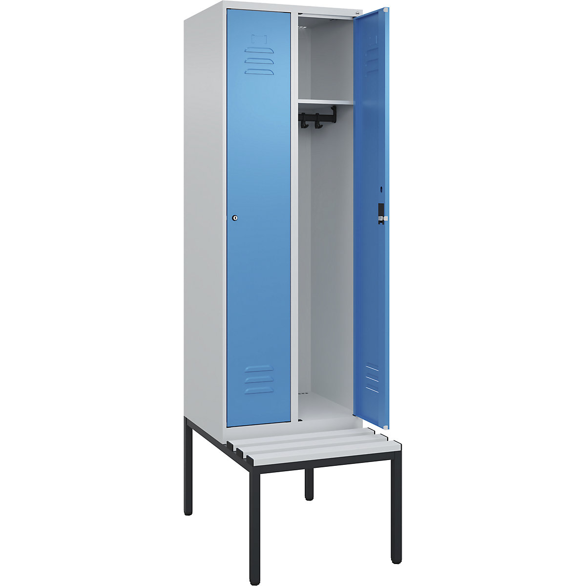 Armadietto Classic PLUS con panca – C+P, 2 scomparti, grigio chiaro / blu chiaro, largh. 600 mm, serratura a cilindro, panca integrata, plastica-0
