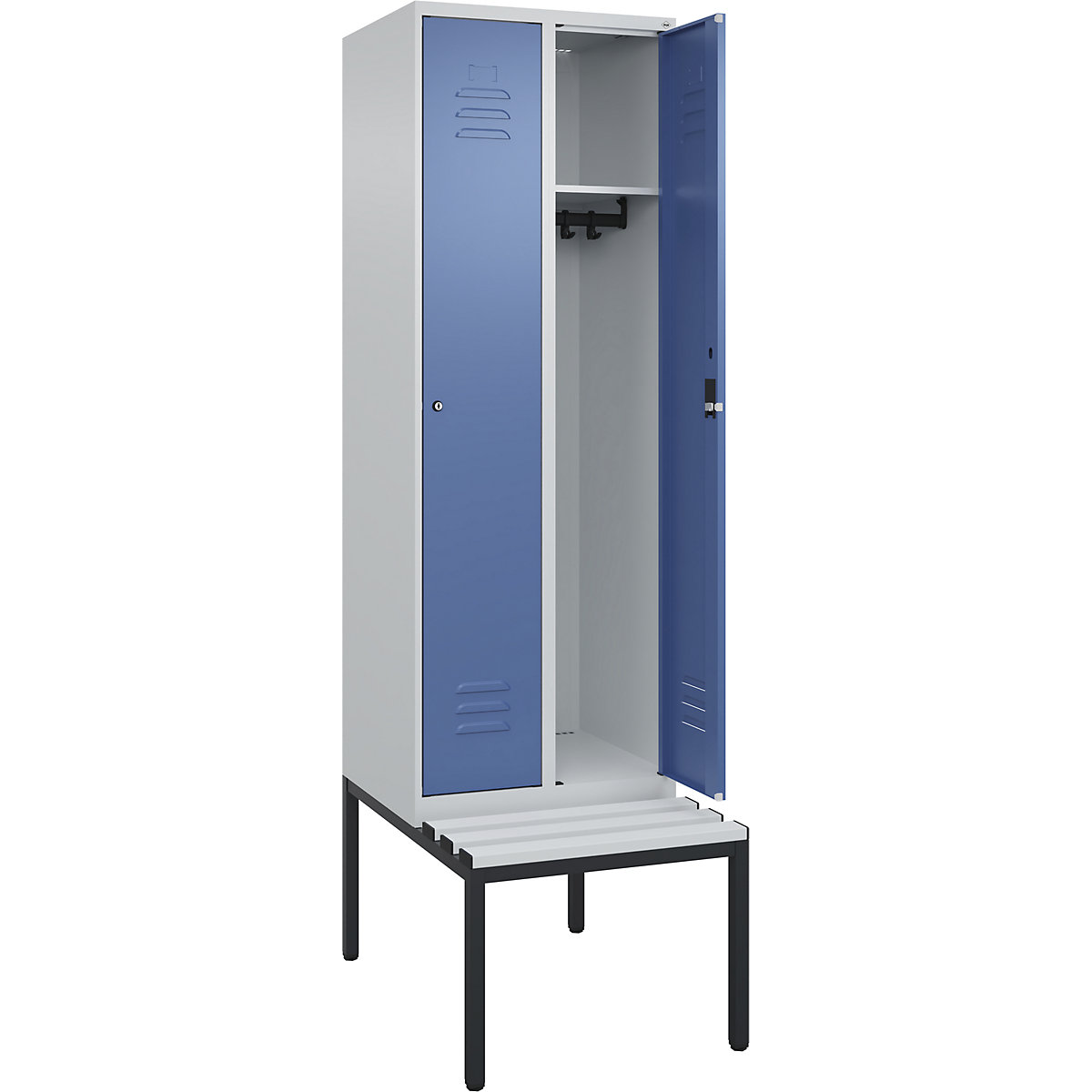 Armadietto Classic PLUS con panca – C+P, 2 scomparti, grigio chiaro / indaco, largh. 600 mm, serratura a cilindro, panca integrata, plastica-0
