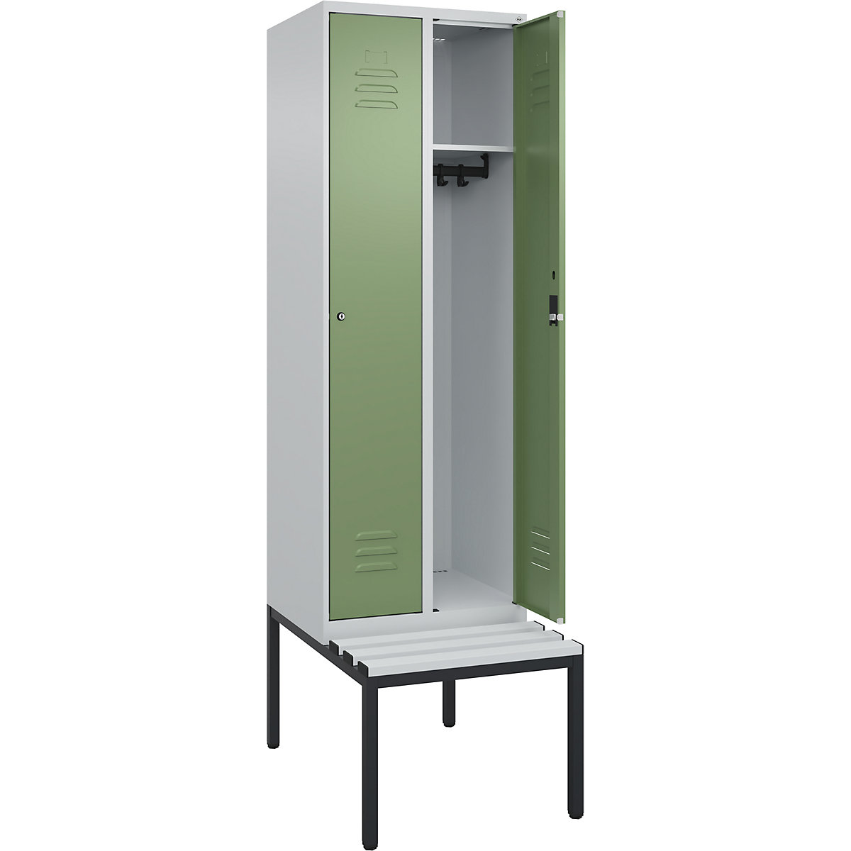 Armadietto Classic PLUS con panca – C+P, 2 scomparti, grigio chiaro / verde reseda, largh. 600 mm, serratura a cilindro, panca integrata, plastica-0