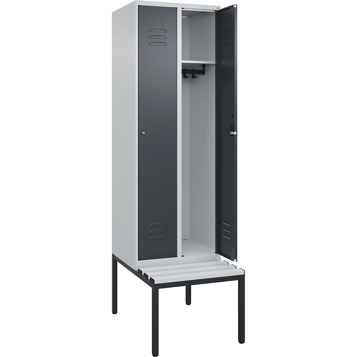 Armadietto Classic PLUS con panca – C+P, 2 scomparti, grigio chiaro / grigio, largh. 600 mm, serratura a cilindro, panca integrata, plastica-0