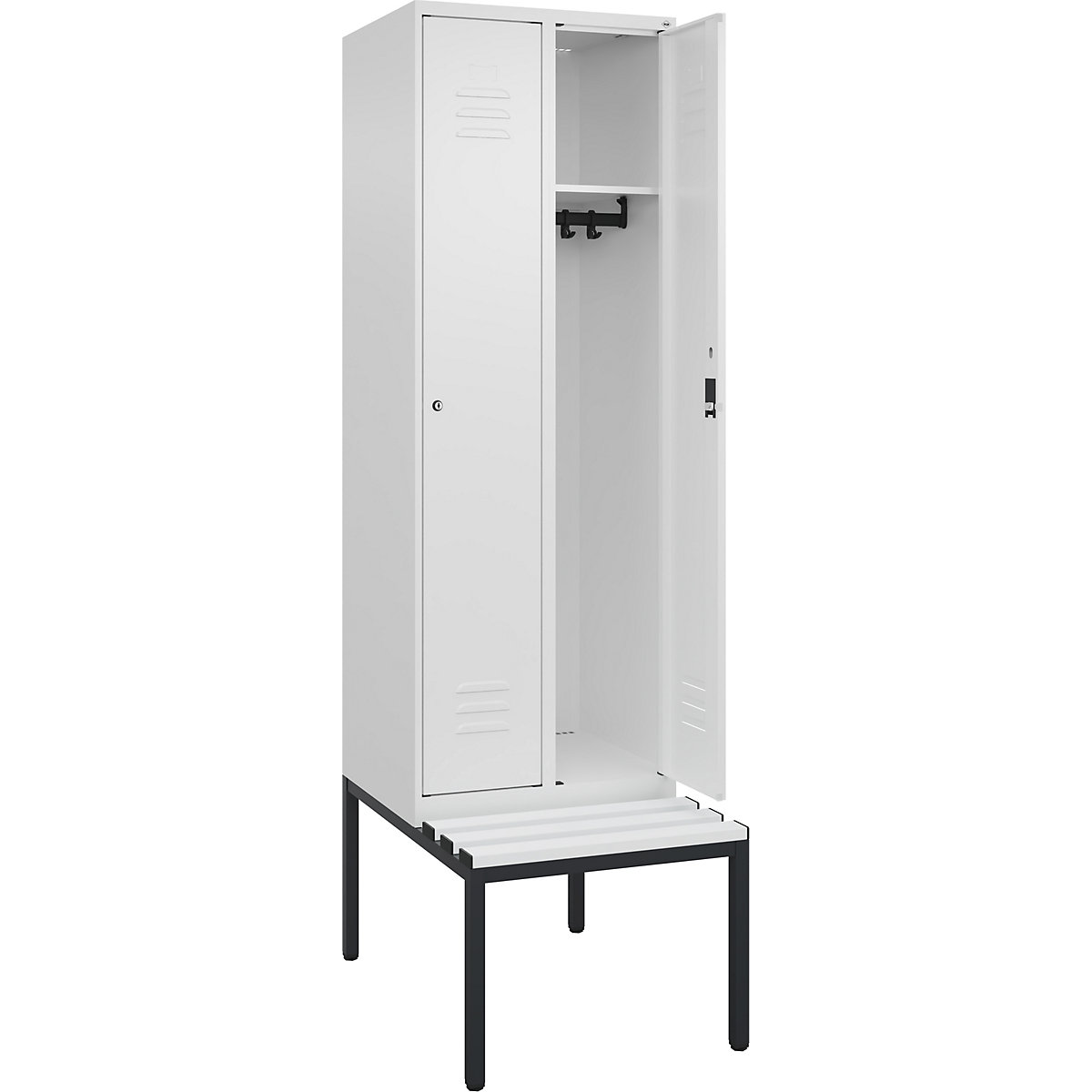Armadietto Classic PLUS con panca – C+P, 2 scomparti, bianco traffico, largh. 600 mm, serratura a cilindro, panca integrata, plastica-0