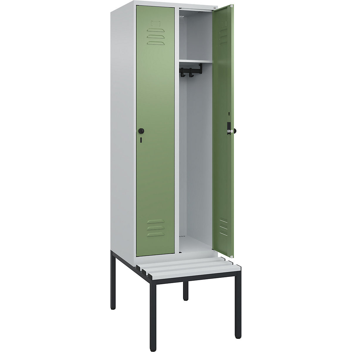 Armadietto Classic PLUS con panca – C+P, 2 scomparti, grigio chiaro / verde reseda, largh. 600 mm, serratura girevole di sicurezza, panca integrata, plastica-0