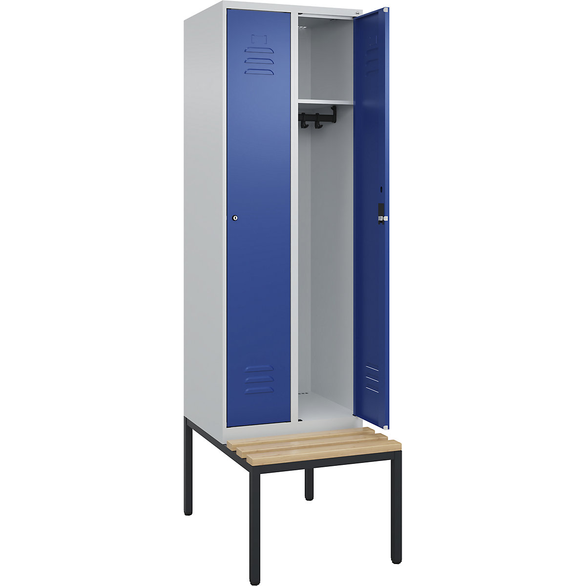 Armadietto Classic PLUS con panca – C+P, 2 scomparti, grigio chiaro / blu genziana, largh. 600 mm, serratura a cilindro, panca integrata, legno duro di faggio-0