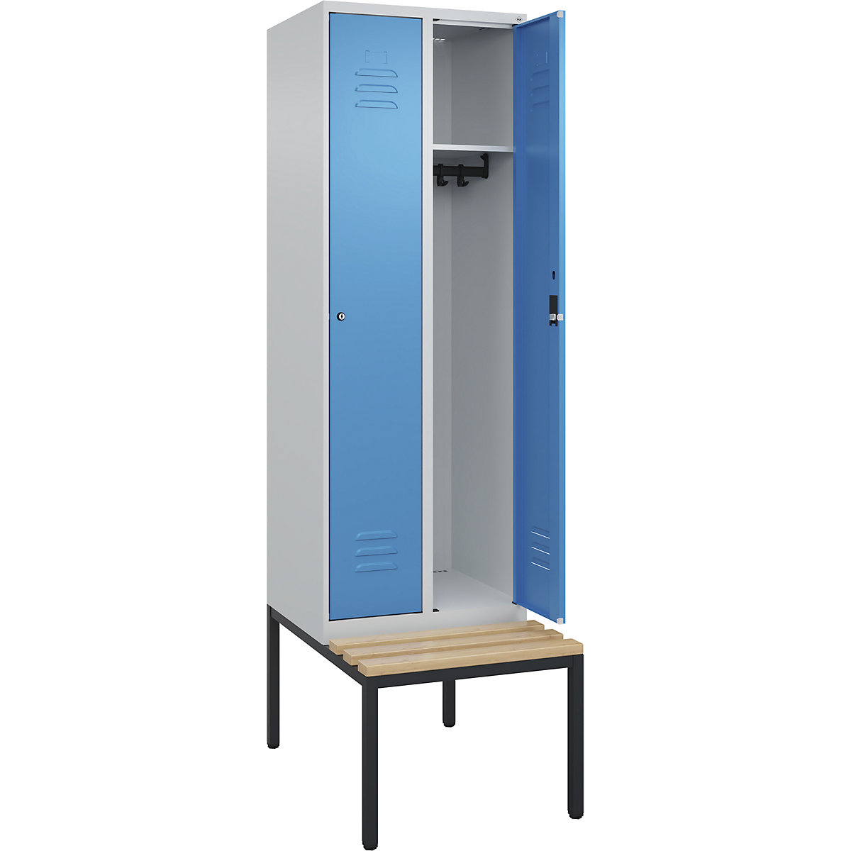 Armadietto Classic PLUS con panca – C+P, 2 scomparti, grigio chiaro / blu chiaro, largh. 600 mm, serratura a cilindro, panca integrata, legno duro di faggio-0