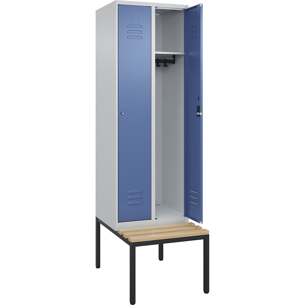 Armadietto Classic PLUS con panca – C+P, 2 scomparti, grigio chiaro / indaco, largh. 600 mm, serratura a cilindro, panca integrata, legno duro di faggio-0