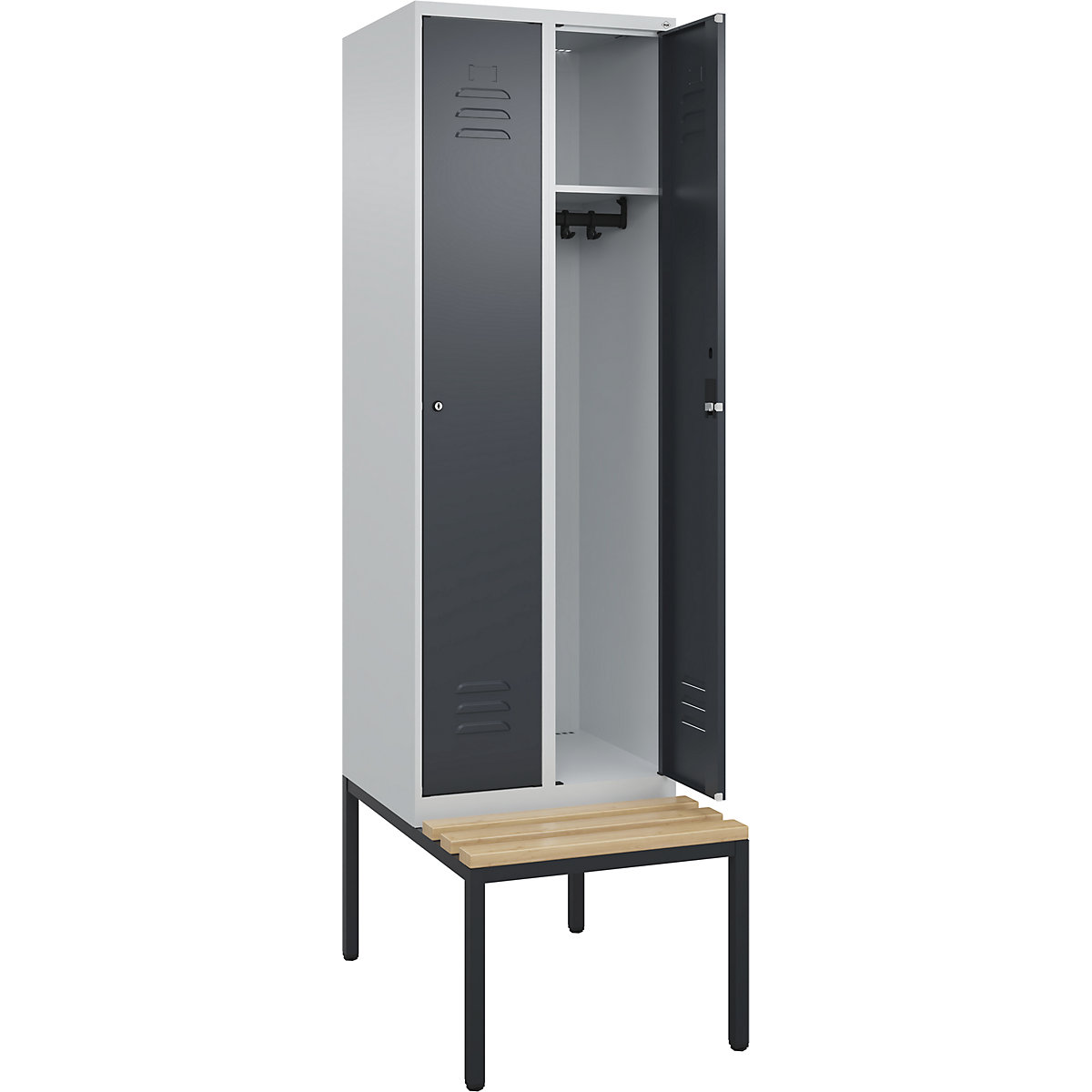 Armadietto Classic PLUS con panca – C+P, 2 scomparti, grigio chiaro / grigio, largh. 600 mm, serratura a cilindro, panca integrata, legno duro di faggio-0