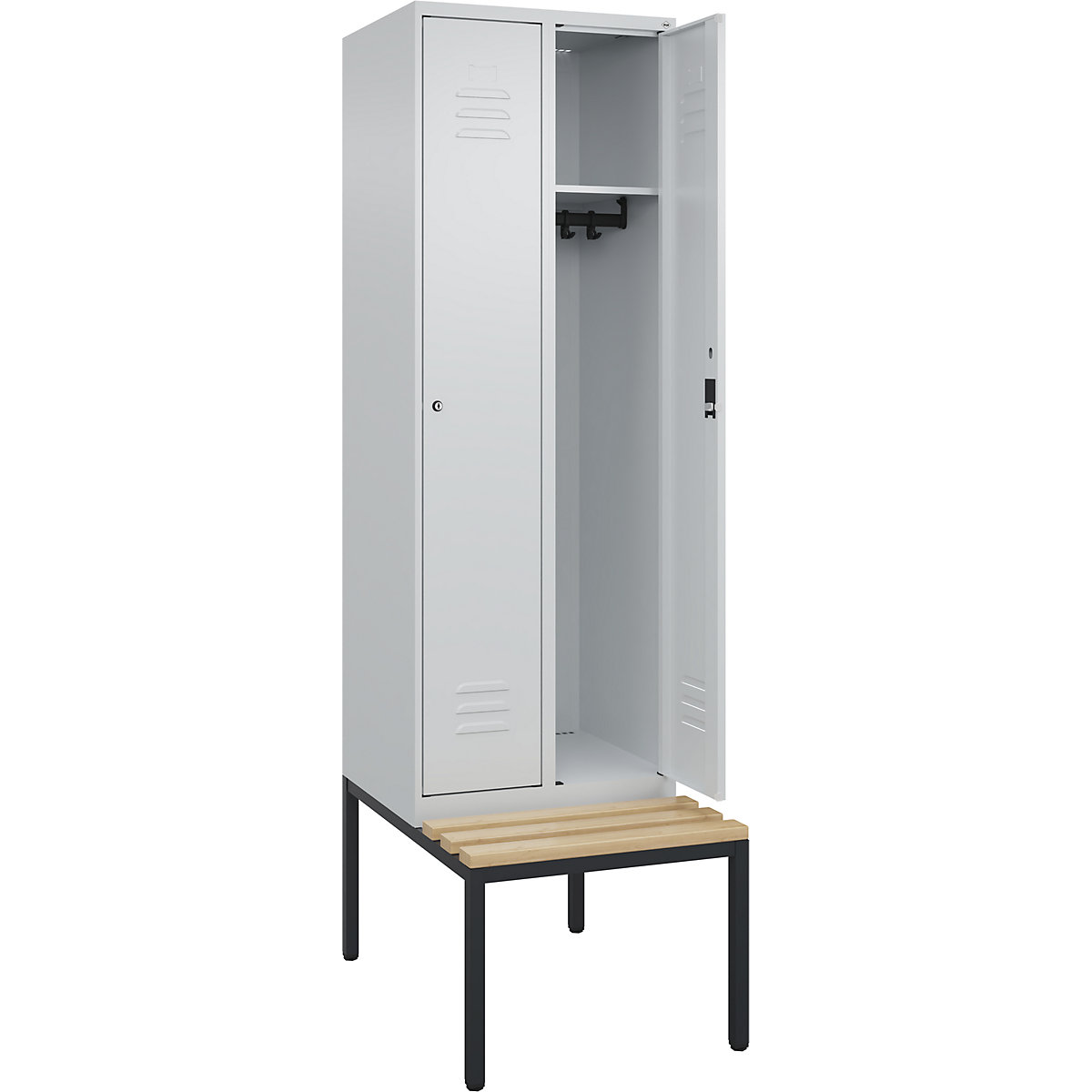Armadietto Classic PLUS con panca – C+P, 2 scomparti, grigio chiaro, largh. 600 mm, serratura a cilindro, panca integrata, legno duro di faggio-0