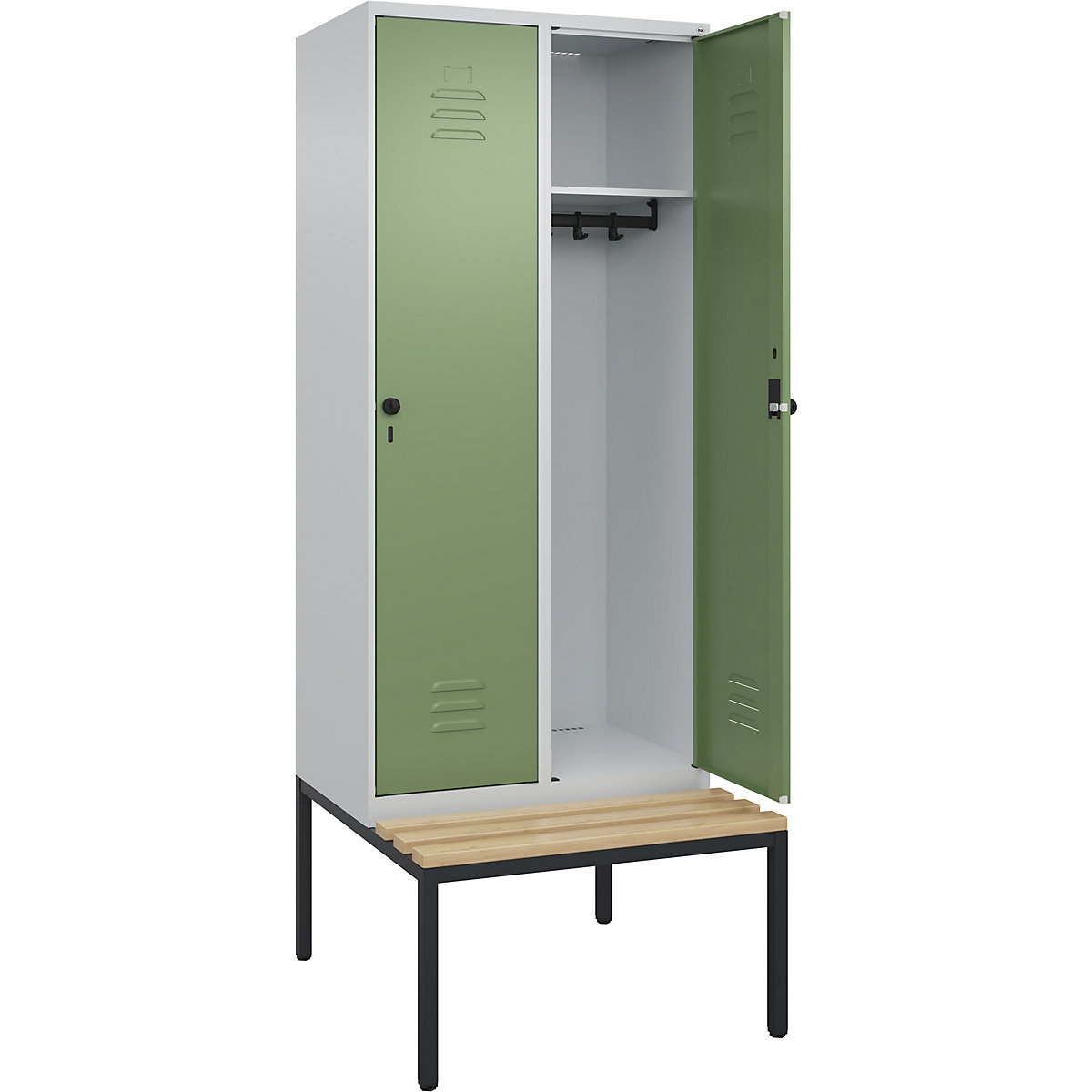 Armadietto Classic PLUS con panca – C+P, 2 scomparti, grigio chiaro / verde reseda, largh. 800 mm, serratura girevole di sicurezza, panca integrata, legno duro di faggio-0