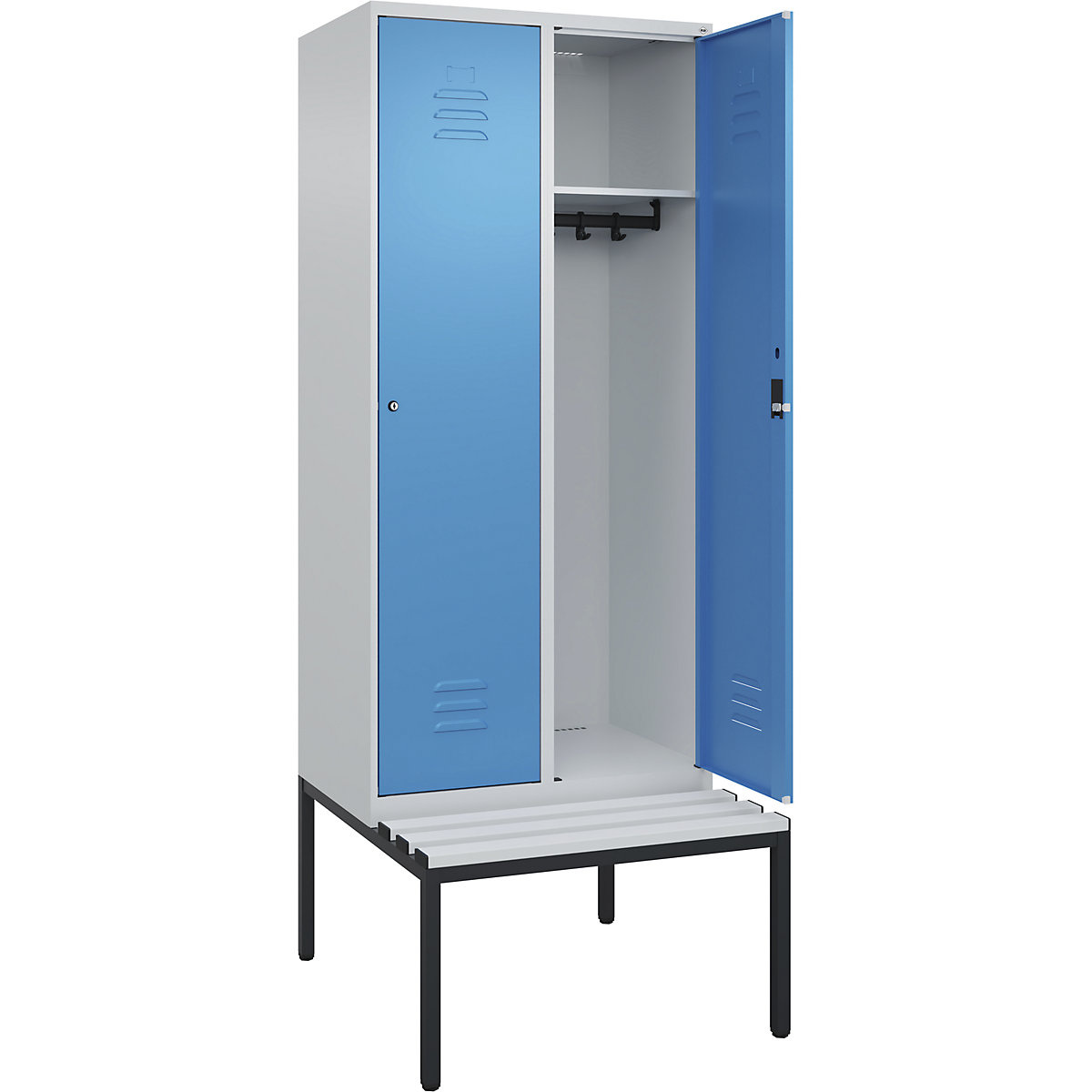 Armadietto Classic PLUS con panca – C+P, 2 scomparti, grigio chiaro / blu chiaro, largh. 800 mm, serratura a cilindro, panca integrata, plastica-0