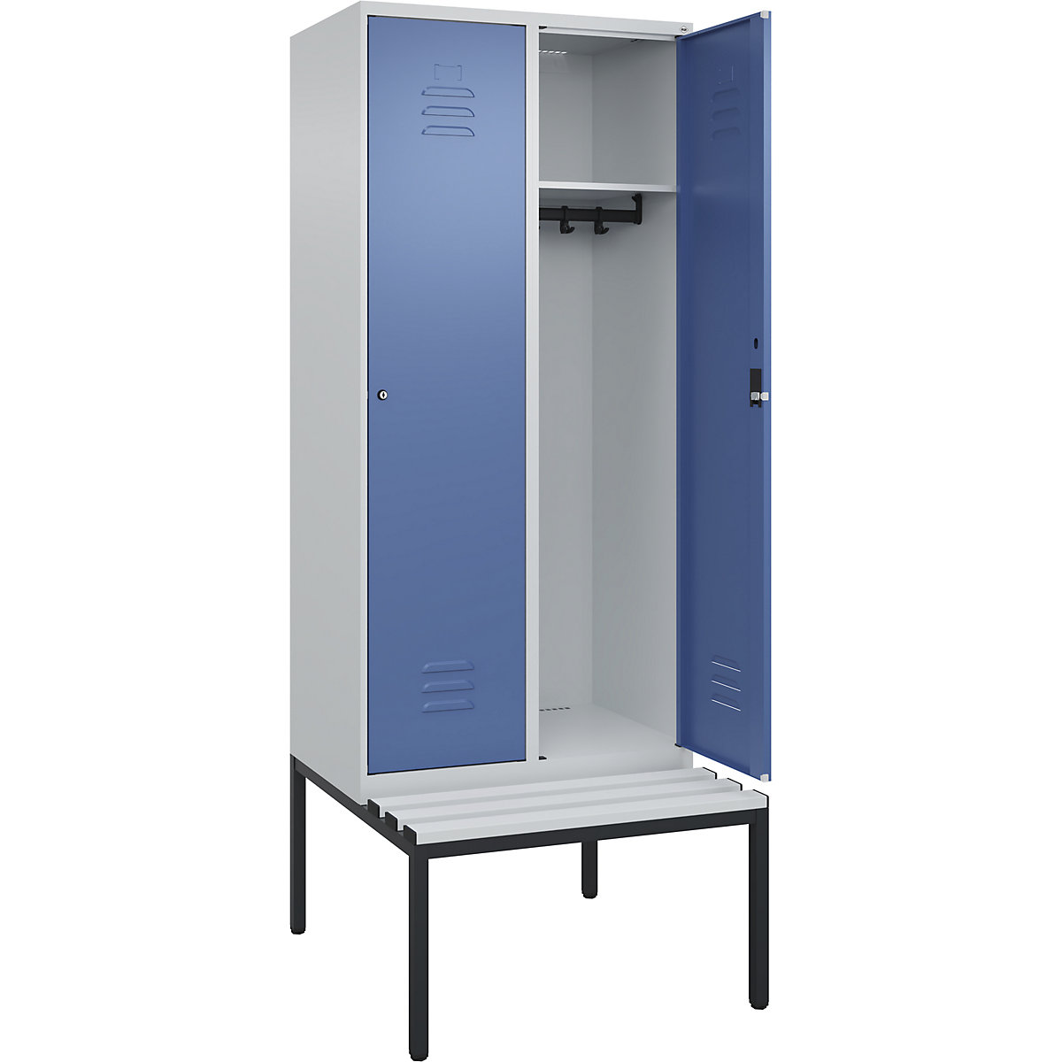 Armadietto Classic PLUS con panca – C+P, 2 scomparti, grigio chiaro / indaco, largh. 800 mm, serratura a cilindro, panca integrata, plastica-0