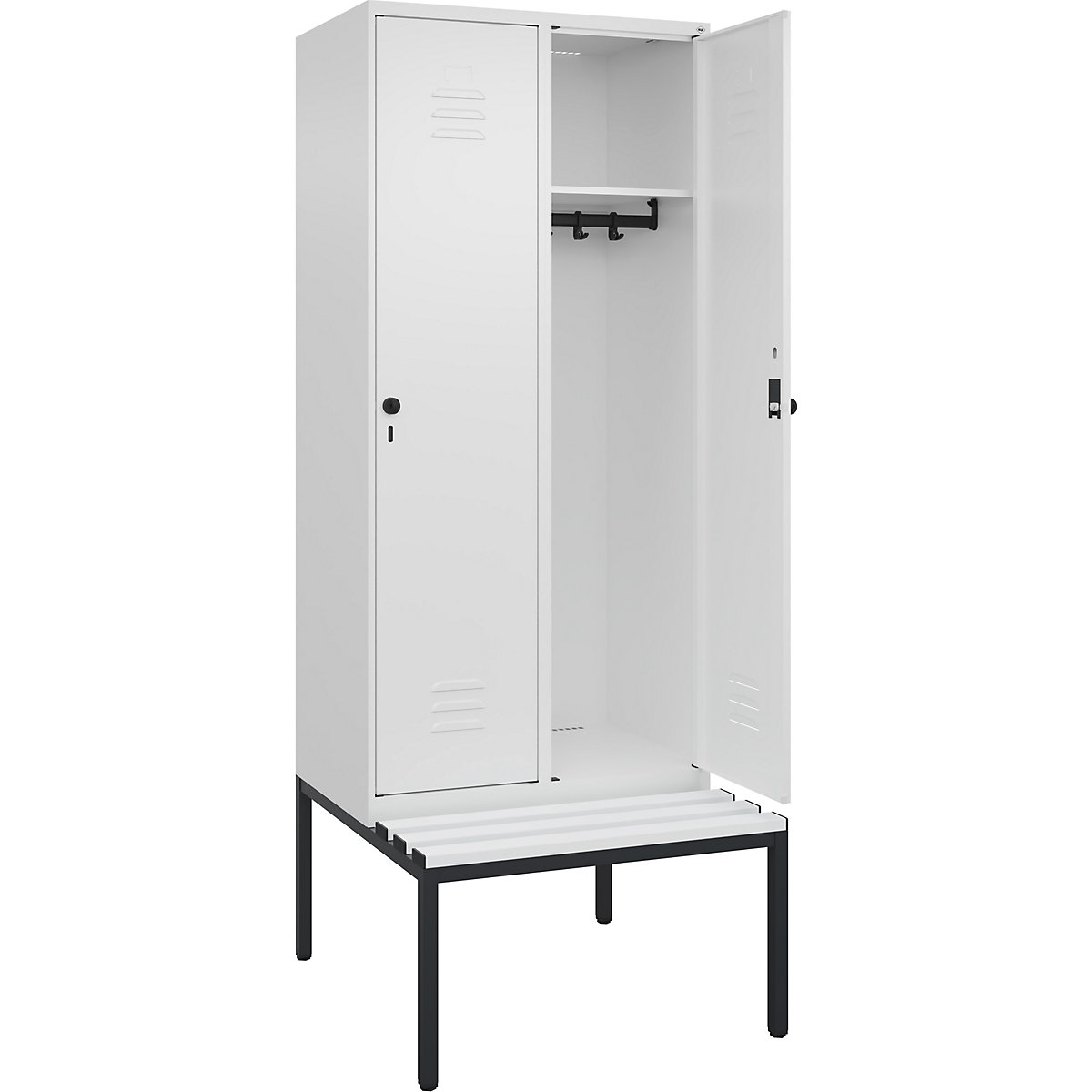 Armadietto Classic PLUS con panca – C+P, 2 scomparti, bianco traffico, largh. 800 mm, serratura girevole di sicurezza, panca integrata, plastica-0