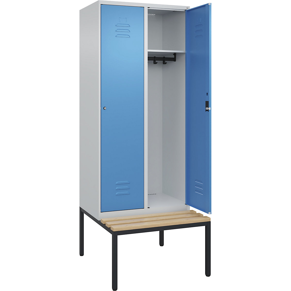 Armadietto Classic PLUS con panca – C+P, 2 scomparti, grigio chiaro / blu chiaro, largh. 800 mm, serratura a cilindro, panca integrata, legno duro di faggio-0