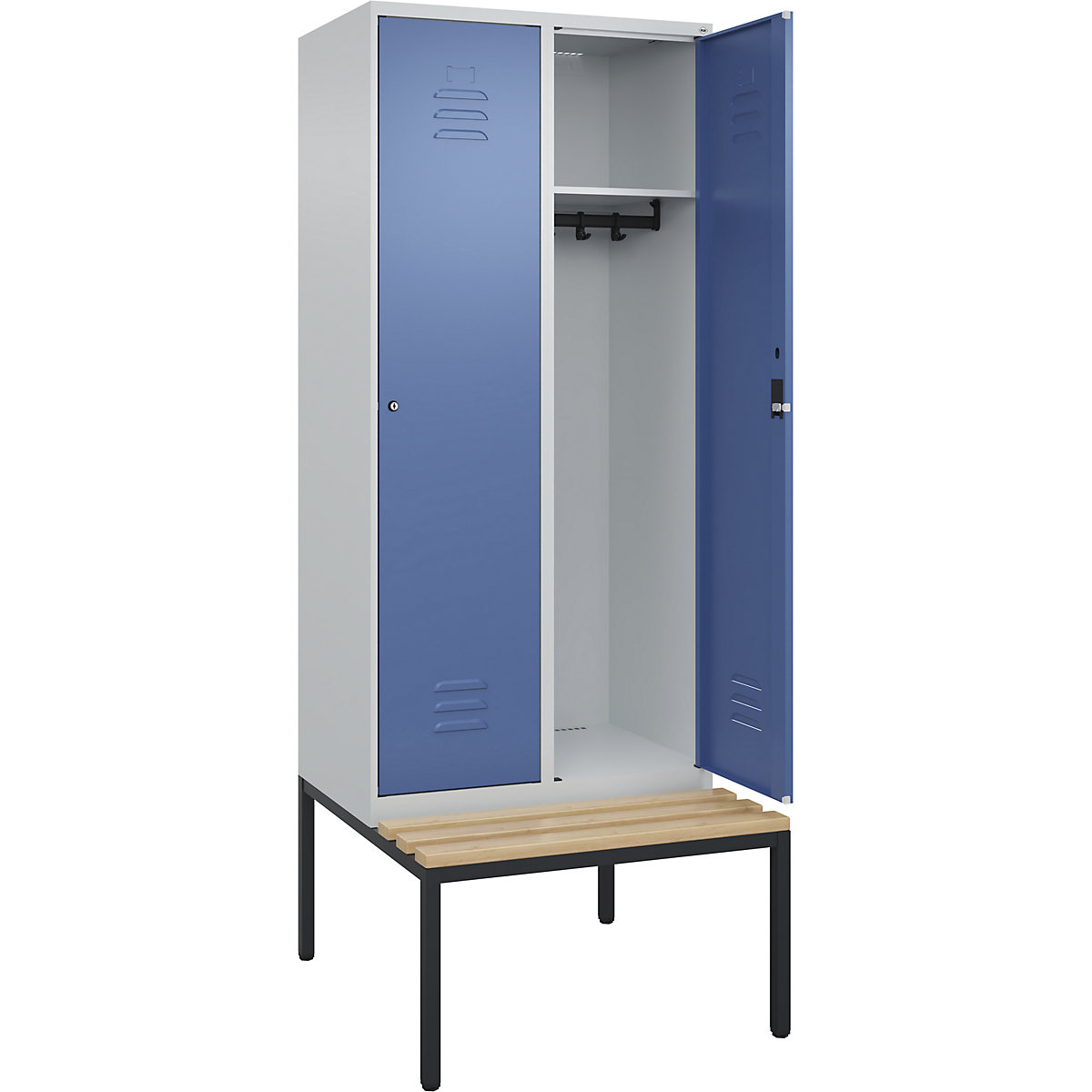 Armadietto Classic PLUS con panca – C+P, 2 scomparti, grigio chiaro / indaco, largh. 800 mm, serratura a cilindro, panca integrata, legno duro di faggio-0