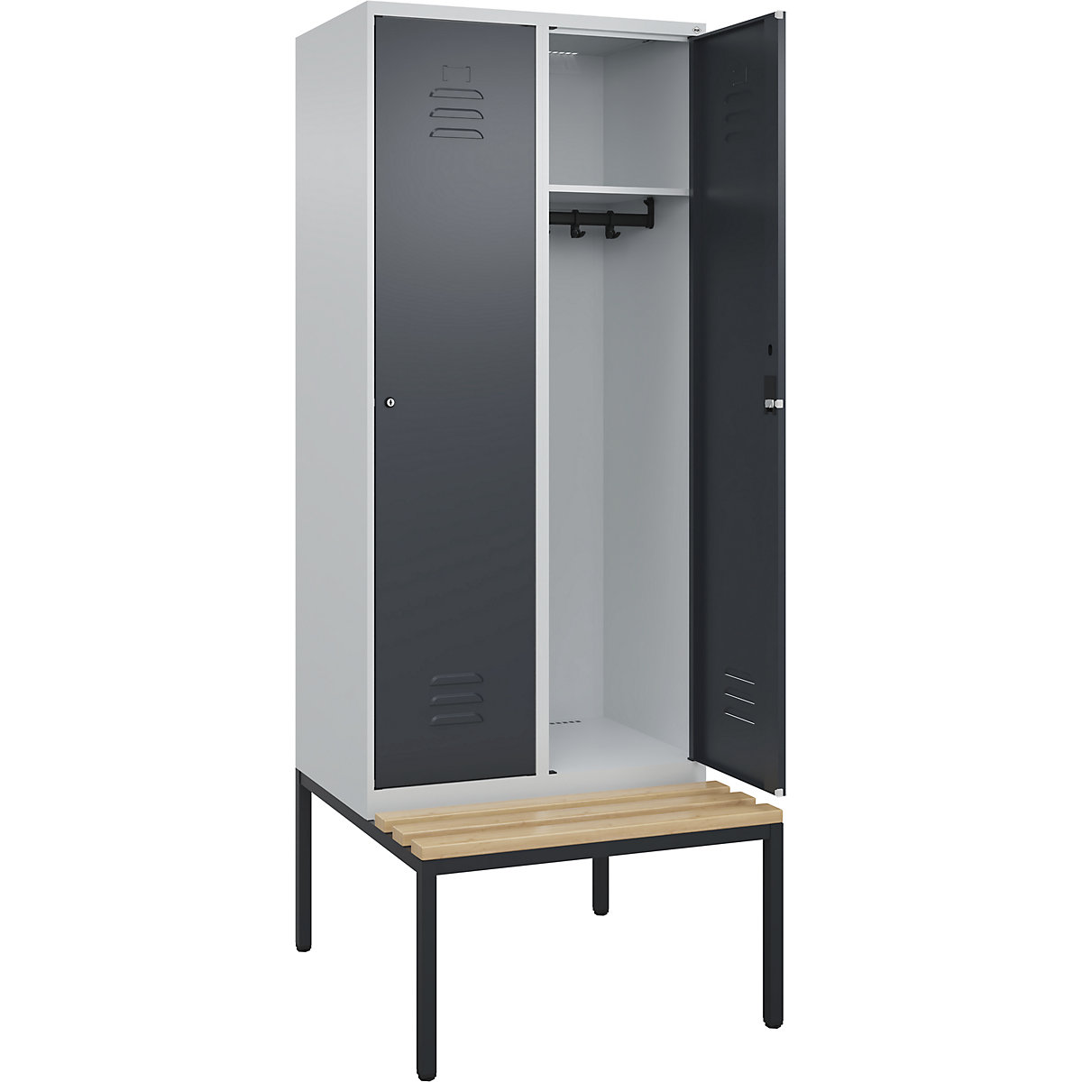 Armadietto Classic PLUS con panca – C+P, 2 scomparti, grigio chiaro / grigio, largh. 800 mm, serratura a cilindro, panca integrata, legno duro di faggio-0