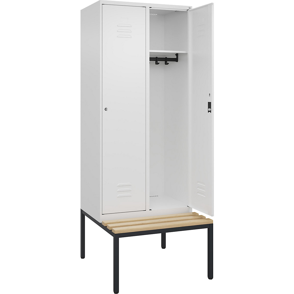 Armadietto Classic PLUS con panca – C+P, 2 scomparti, bianco traffico, largh. 800 mm, serratura a cilindro, panca integrata, legno duro di faggio-0