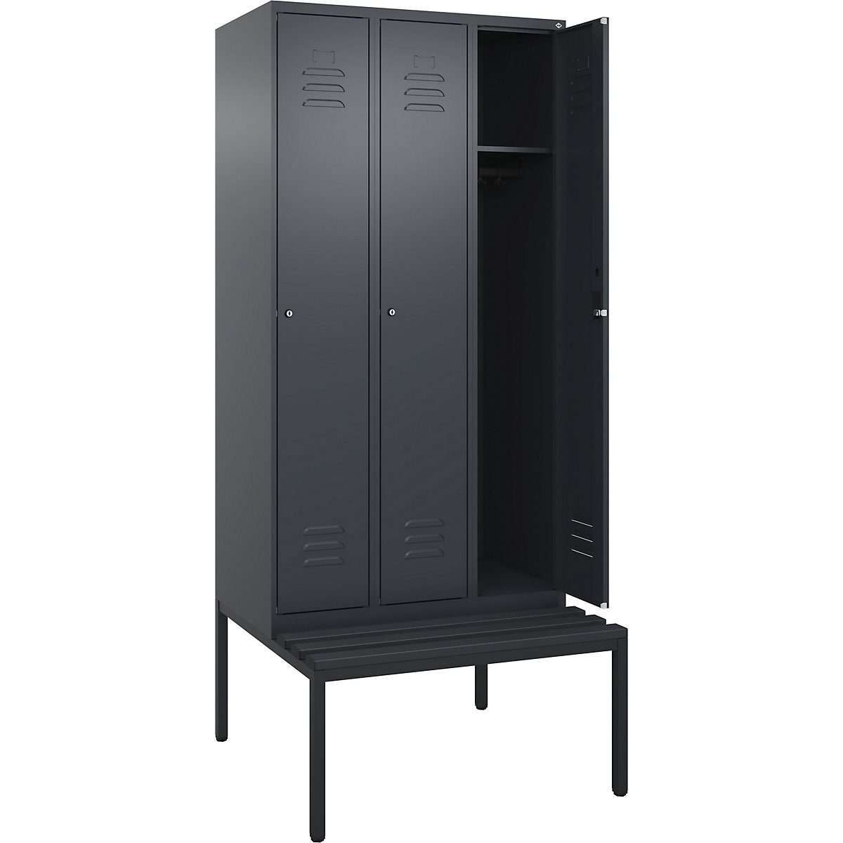 Armadietto Classic PLUS con panca – C+P, 3 scomparti, grigio, largh. 900 mm, serratura a cilindro, panca integrata, plastica-0