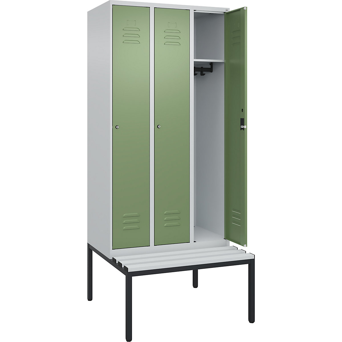 Armadietto Classic PLUS con panca – C+P, 3 scomparti, grigio chiaro / verde reseda, largh. 900 mm, serratura a cilindro, panca integrata, plastica-0