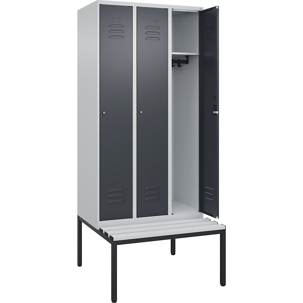 Armadietto Classic PLUS con panca – C+P, 3 scomparti, grigio chiaro / grigio, largh. 900 mm, serratura a cilindro, panca integrata, plastica-0