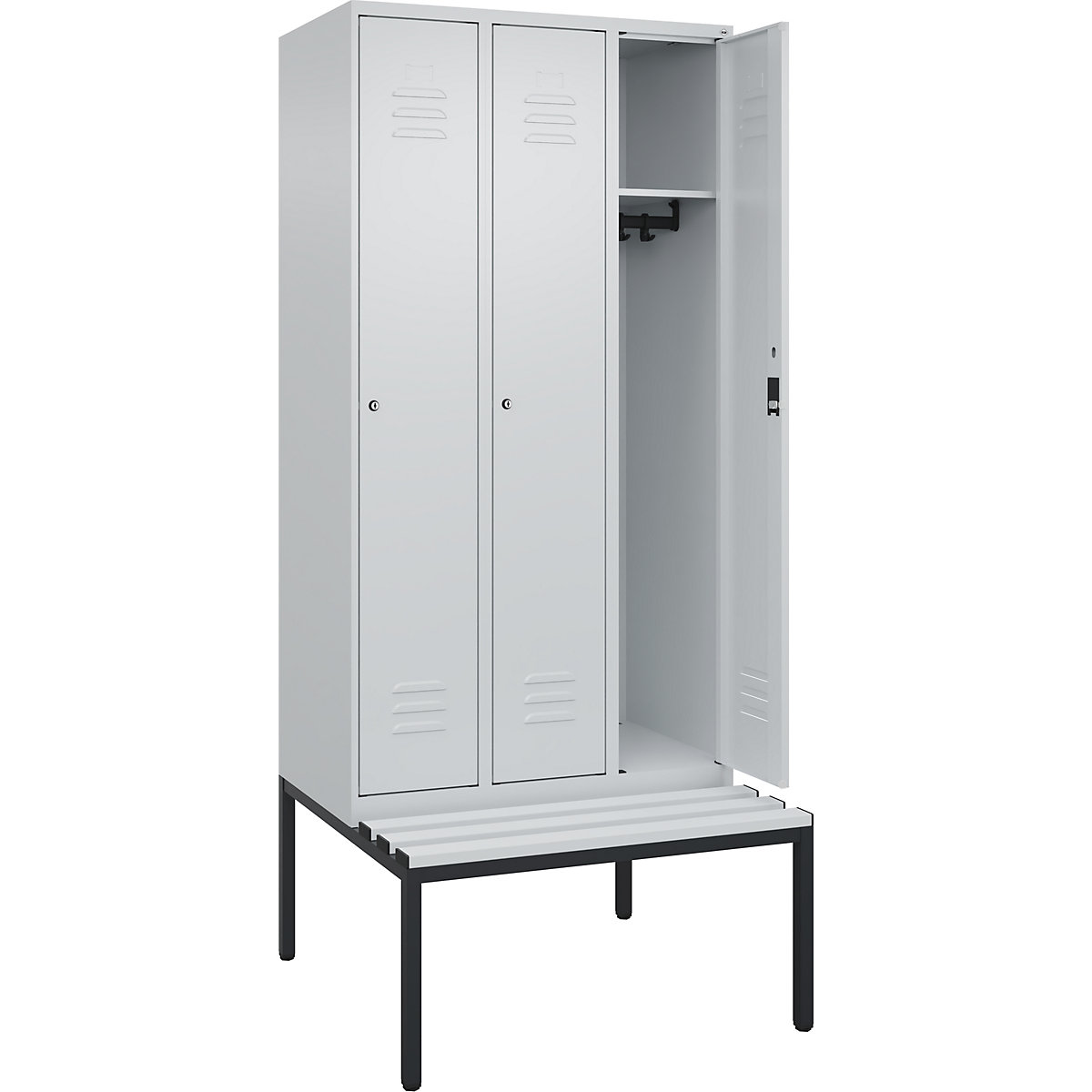Armadietto Classic PLUS con panca – C+P, 3 scomparti, grigio chiaro, largh. 900 mm, serratura a cilindro, panca integrata, plastica-0