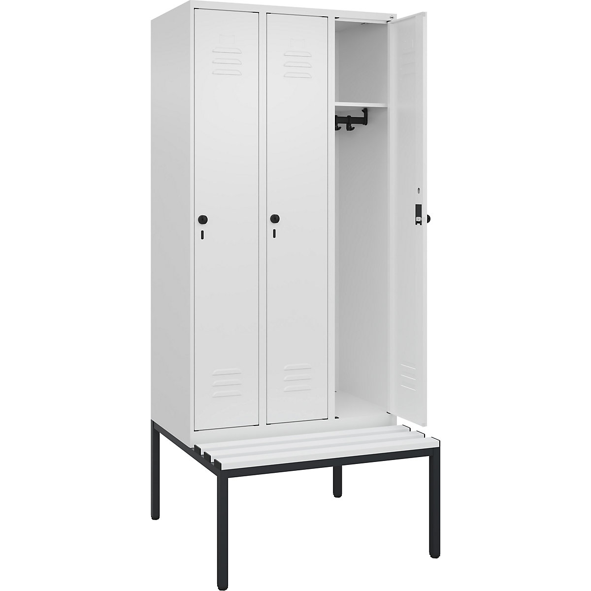 Armadietto Classic PLUS con panca – C+P, 3 scomparti, bianco traffico, largh. 900 mm, serratura girevole di sicurezza, panca integrata, plastica-0