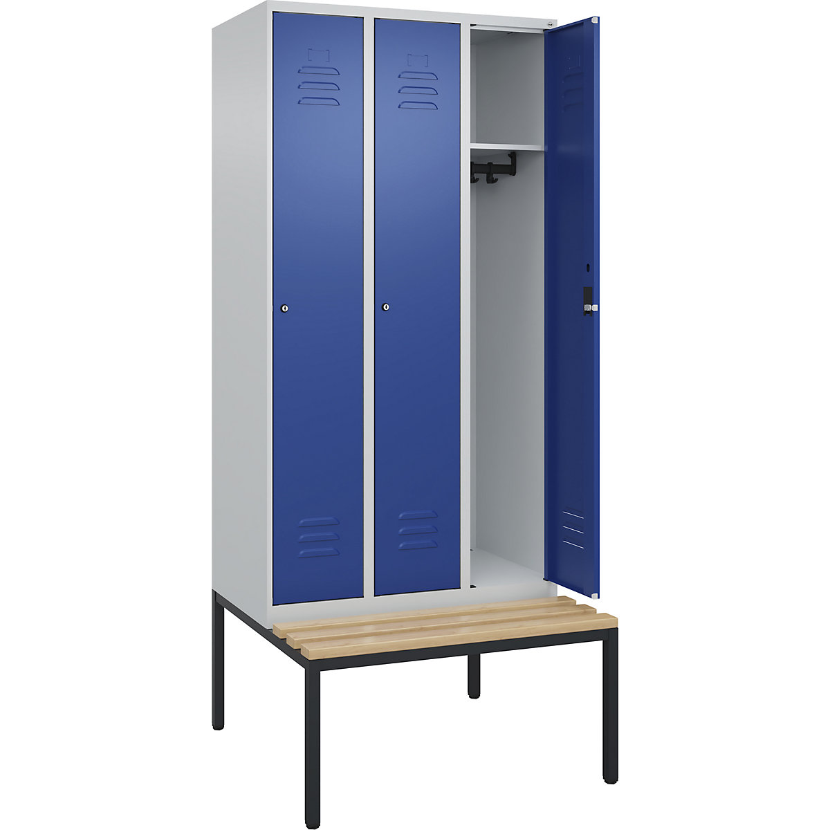 Armadietto Classic PLUS con panca – C+P, 3 scomparti, grigio chiaro / blu genziana, largh. 900 mm, serratura a cilindro, panca integrata, legno duro di faggio-0