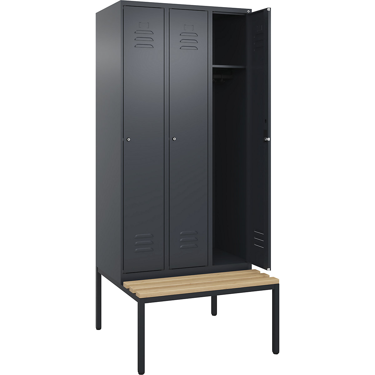Armadietto Classic PLUS con panca – C+P, 3 scomparti, grigio, largh. 900 mm, serratura a cilindro, panca integrata, legno duro di faggio-0