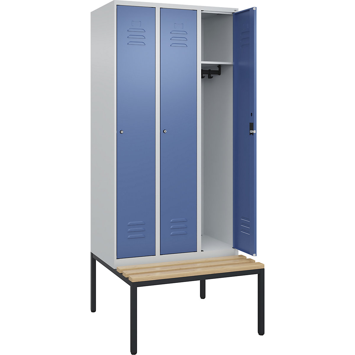 Armadietto Classic PLUS con panca – C+P, 3 scomparti, grigio chiaro / indaco, largh. 900 mm, serratura a cilindro, panca integrata, legno duro di faggio-0