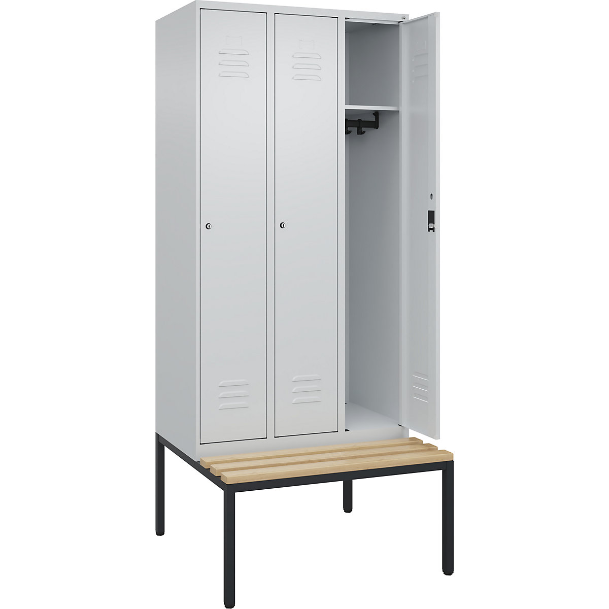 Armadietto Classic PLUS con panca – C+P, 3 scomparti, grigio chiaro, largh. 900 mm, serratura a cilindro, panca integrata, legno duro di faggio-0
