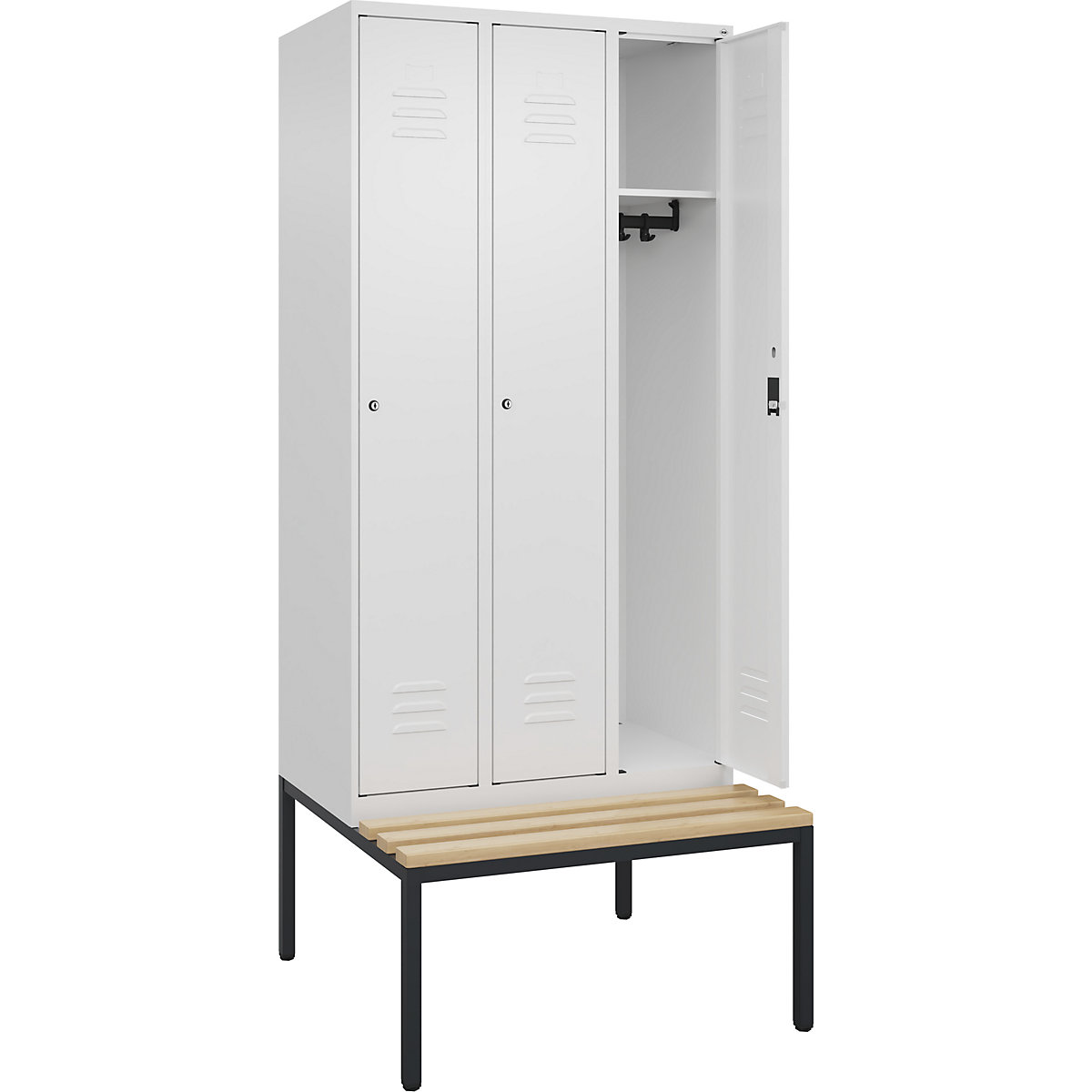Armadietto Classic PLUS con panca – C+P, 3 scomparti, bianco traffico, largh. 900 mm, serratura a cilindro, panca integrata, legno duro di faggio-0