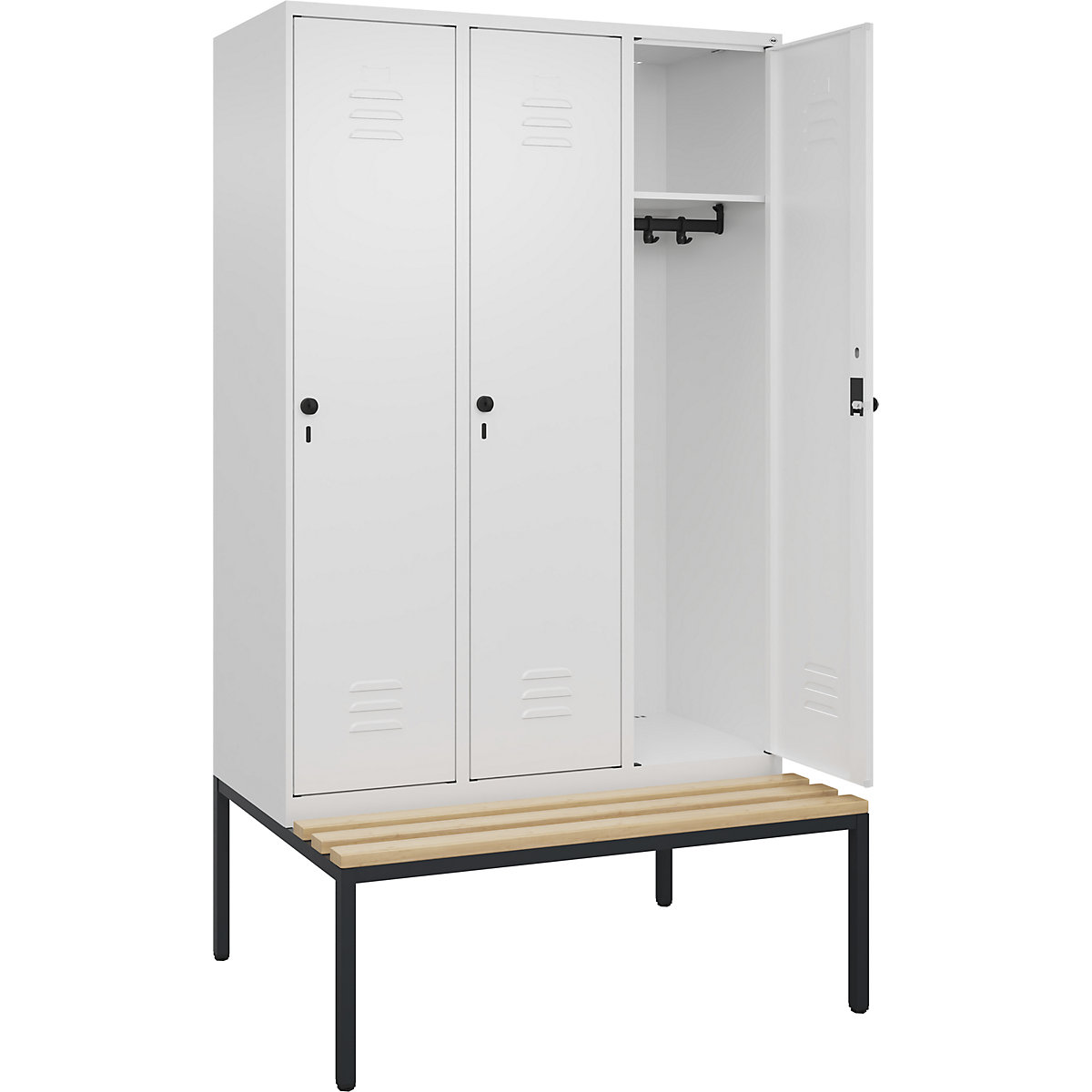 Armadietto Classic PLUS con panca – C+P, 3 scomparti, bianco traffico, largh. 1200 mm, serratura girevole di sicurezza, panca integrata, legno duro di faggio-0
