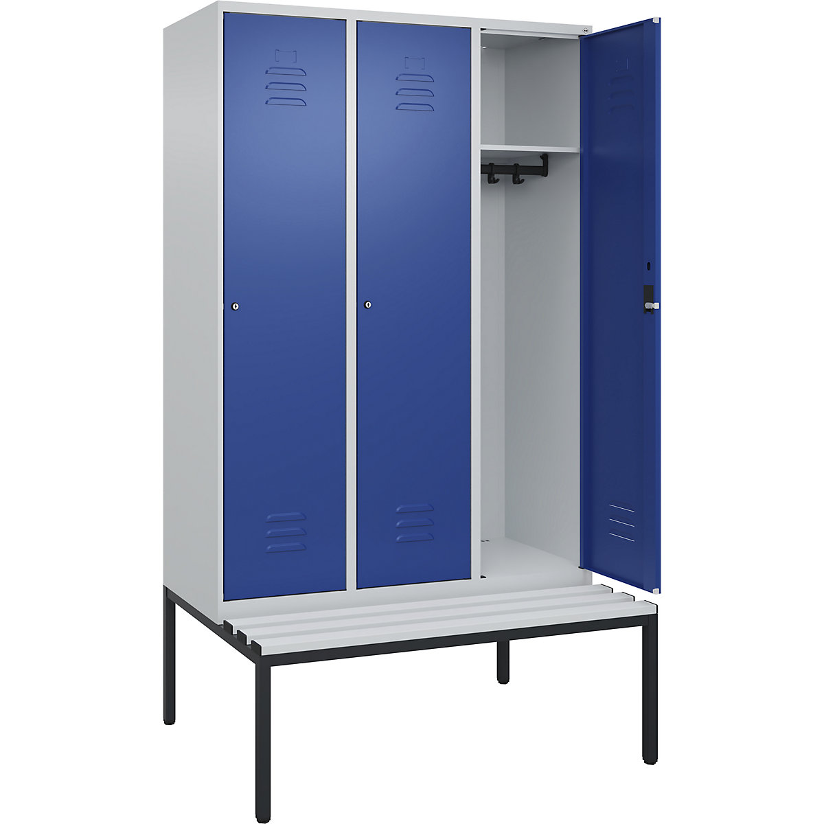 Armadietto Classic PLUS con panca – C+P, 3 scomparti, grigio chiaro / blu genziana, largh. 1200 mm, serratura a cilindro, panca integrata, plastica-0
