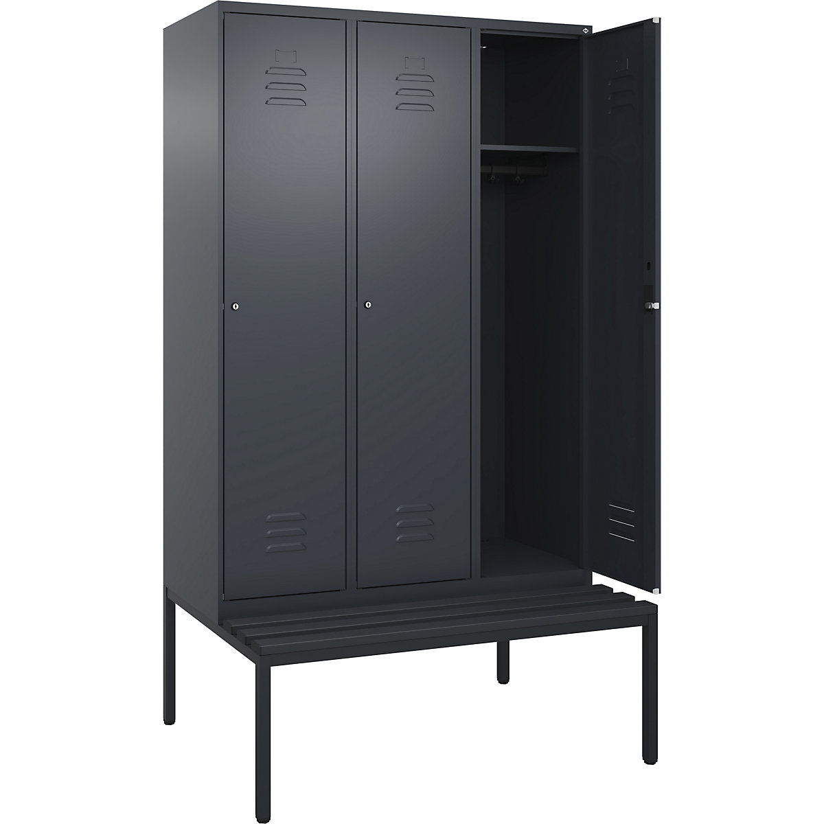 Armadietto Classic PLUS con panca – C+P, 3 scomparti, grigio, largh. 1200 mm, serratura a cilindro, panca integrata, plastica-0