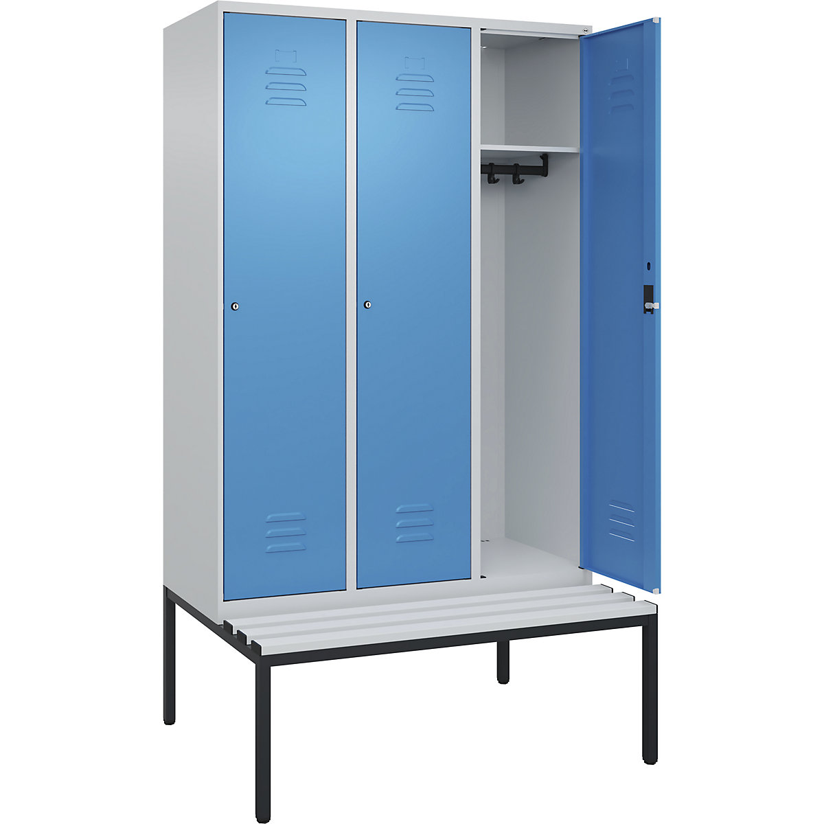 Armadietto Classic PLUS con panca – C+P, 3 scomparti, grigio chiaro / blu chiaro, largh. 1200 mm, serratura a cilindro, panca integrata, plastica-0