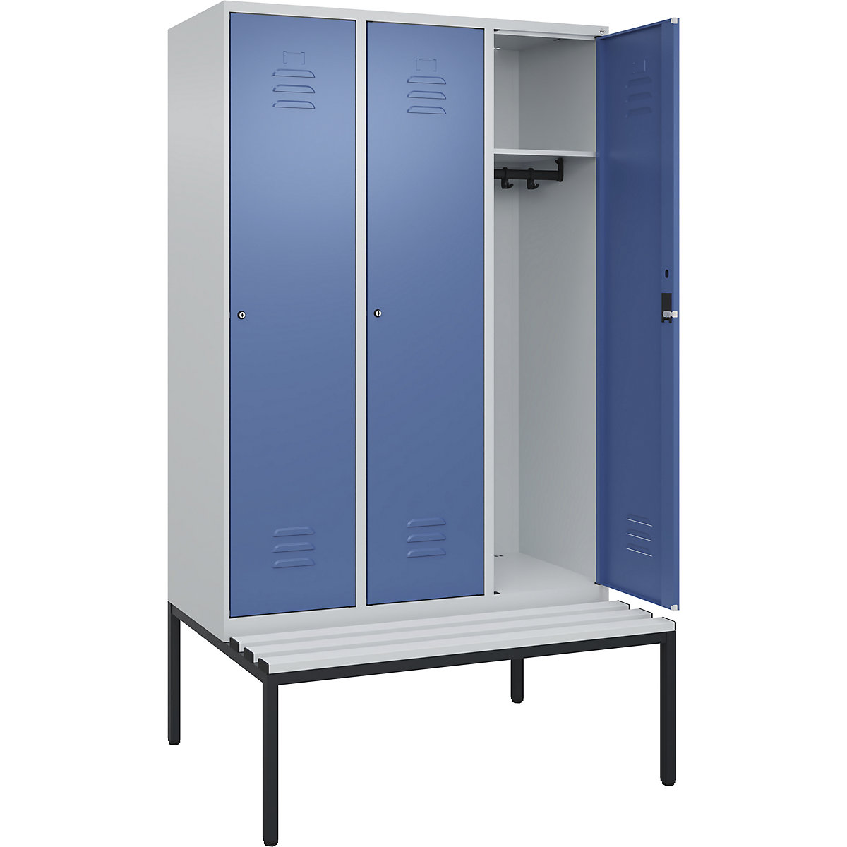 Armadietto Classic PLUS con panca – C+P, 3 scomparti, grigio chiaro / indaco, largh. 1200 mm, serratura a cilindro, panca integrata, plastica-0