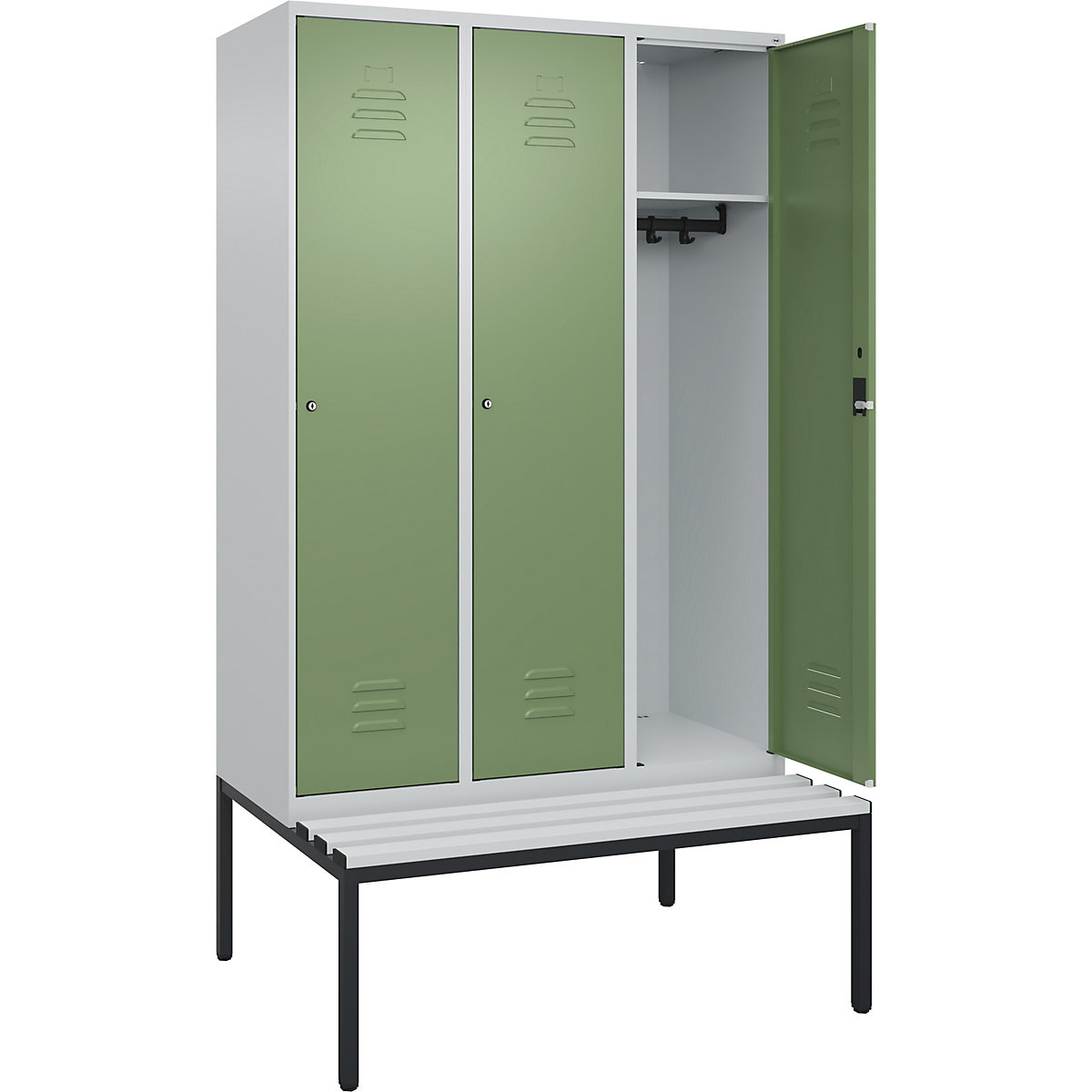 Armadietto Classic PLUS con panca – C+P, 3 scomparti, grigio chiaro / verde reseda, largh. 1200 mm, serratura a cilindro, panca integrata, plastica-0