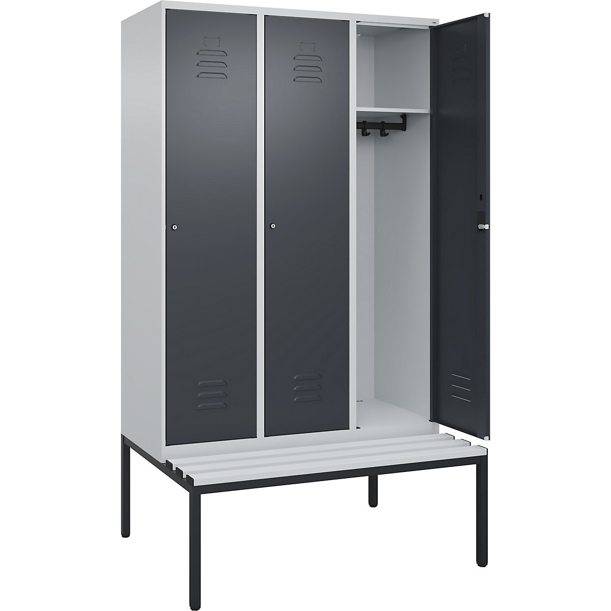 Armadietto Classic PLUS con panca – C+P, 3 scomparti, grigio chiaro / grigio, largh. 1200 mm, serratura a cilindro, panca integrata, plastica-0