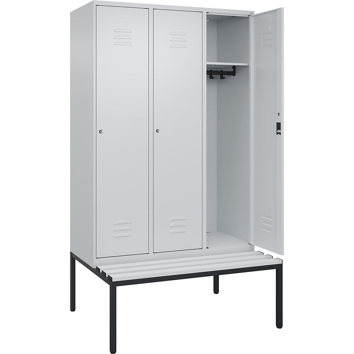 Armadietto Classic PLUS con panca – C+P, 3 scomparti, grigio chiaro, largh. 1200 mm, serratura a cilindro, panca integrata, plastica-0