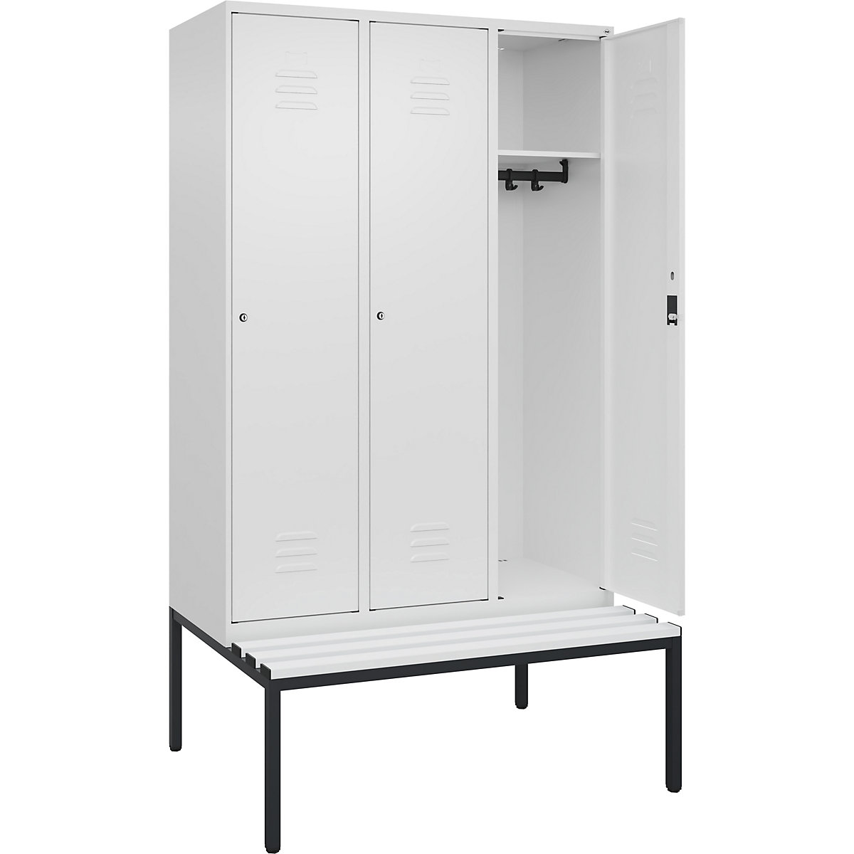 Armadietto Classic PLUS con panca – C+P, 3 scomparti, bianco traffico, largh. 1200 mm, serratura a cilindro, panca integrata, plastica-0