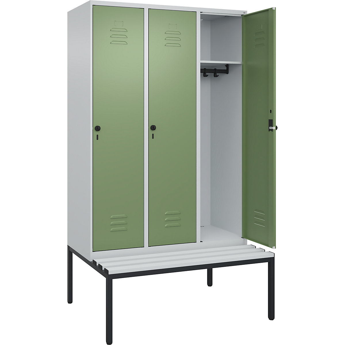 Armadietto Classic PLUS con panca – C+P, 3 scomparti, grigio chiaro / verde reseda, largh. 1200 mm, serratura girevole di sicurezza, panca integrata, plastica-0